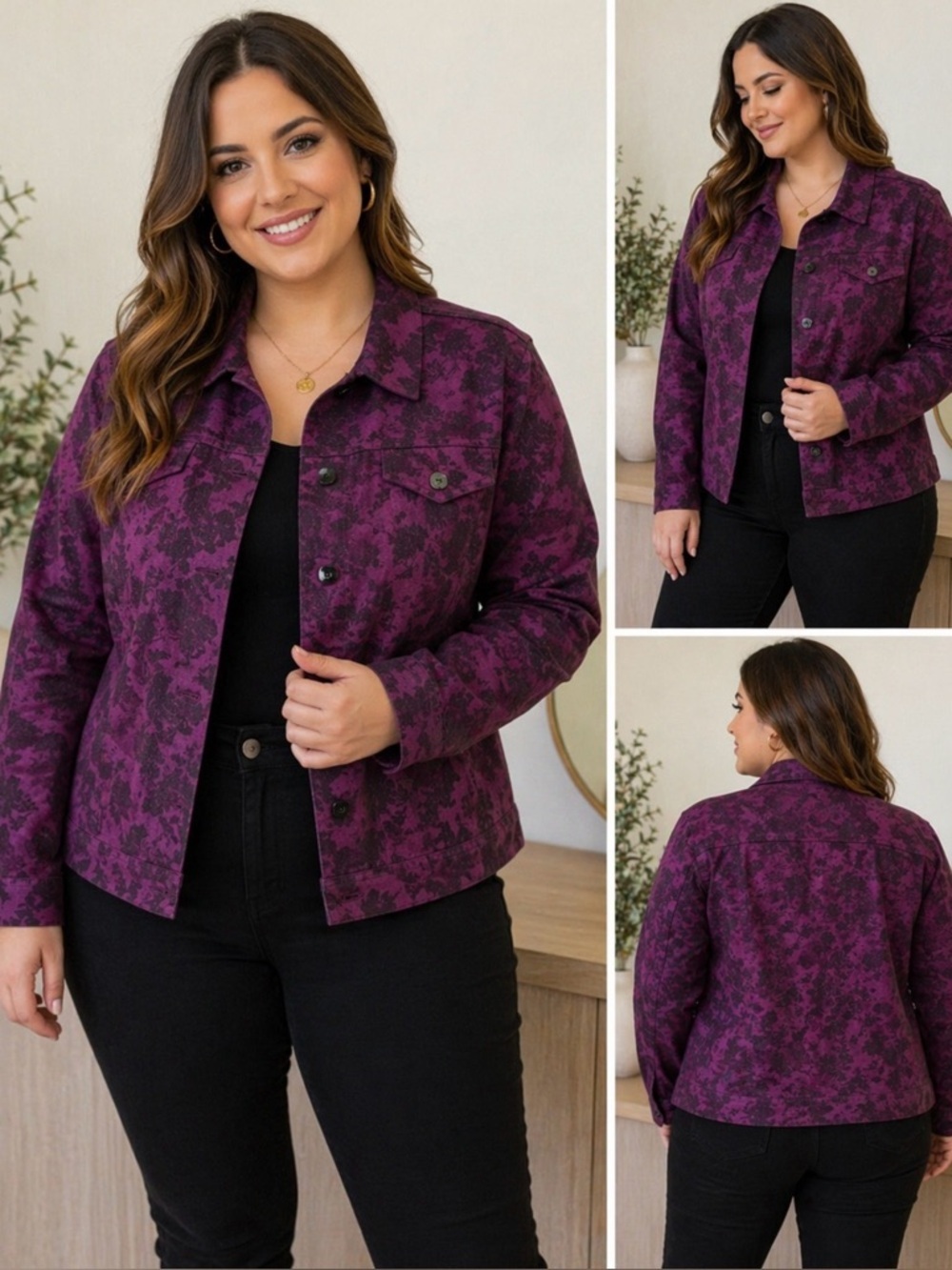 Susan Graver Purple Floral Jacquard Jacket XL Button Front
⸻